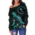 Chuuk Polynesian Women's Off Shoulder Sweater - Turtle With Blooming Hibiscus Turquoise - Polynesian Pride