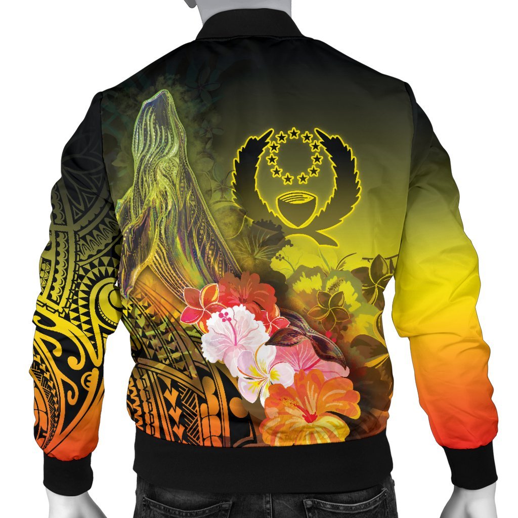 Pohnpei Men's Bomber Jacket - Humpback Whale with Tropical Flowers (Yellow) - Polynesian Pride