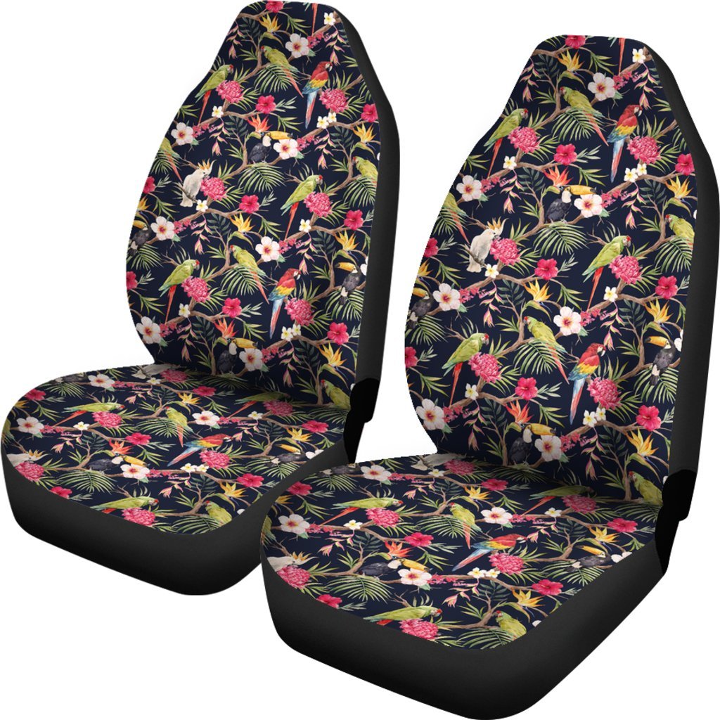 Hawaii Tropical Hibiscus, Strelitzia Palm Leaves Car Seat Cover Universal Fit Black - Polynesian Pride