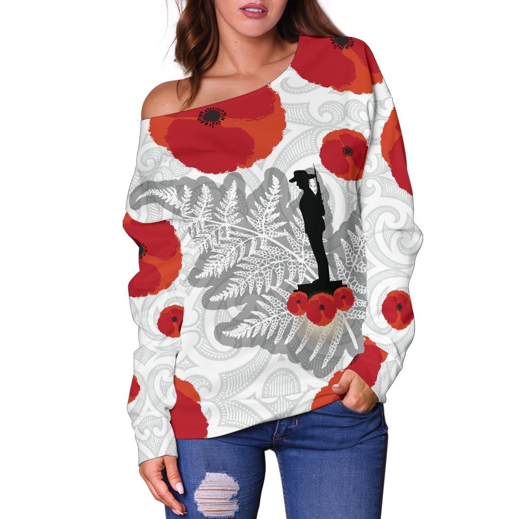 Anzac Maori Women Off Shoulder Sweater Silver Fern Lest For Get - Polynesian Pride
