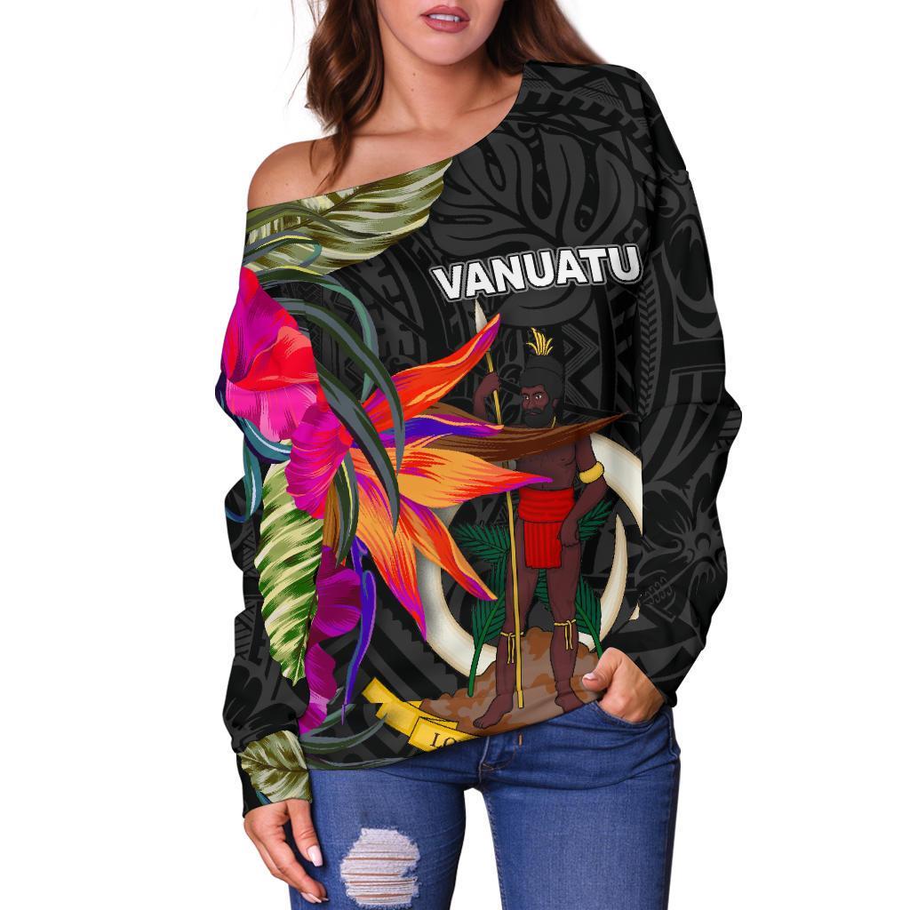 Vanuatu Women's Off Shoulder Sweater - Hibiscus Polynesian Pattern Black - Polynesian Pride