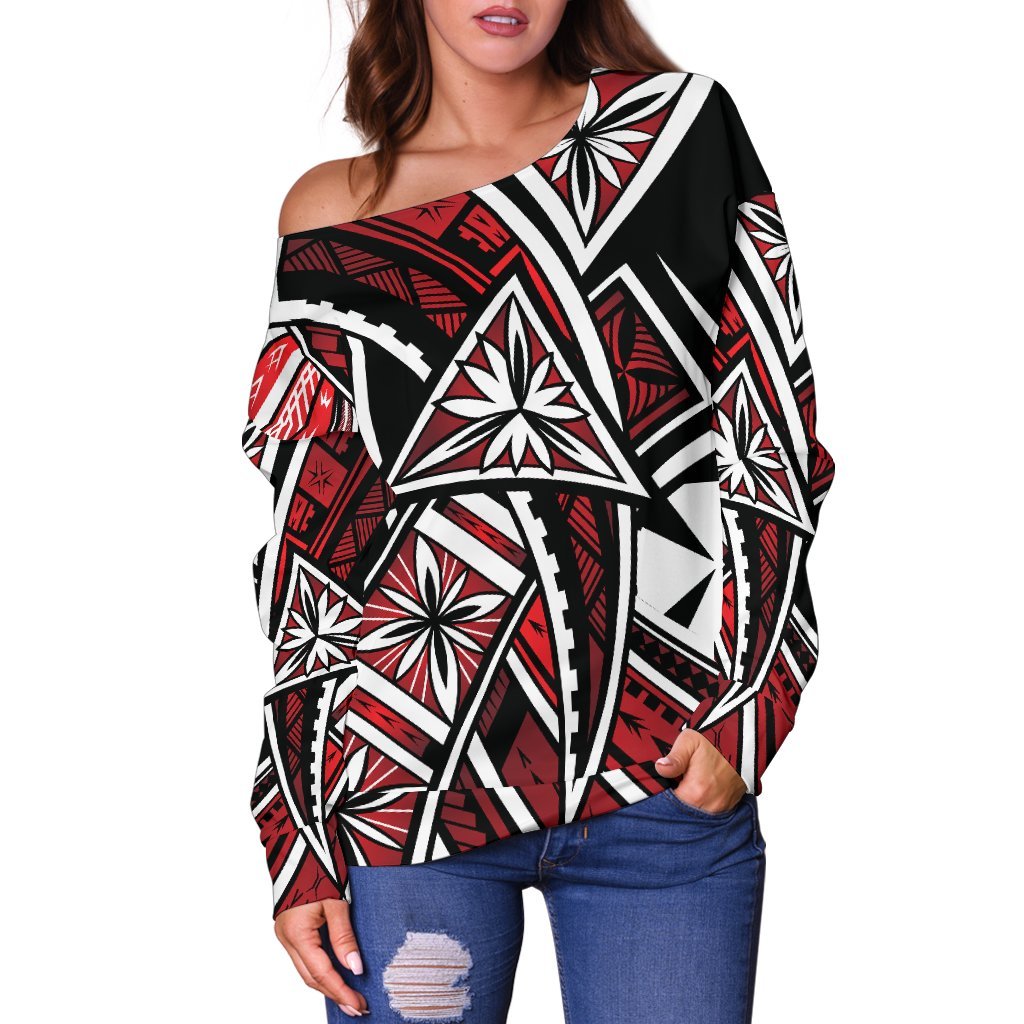 Wallis And Futuna Women's Off Shoulder Sweaters - Tribal Flower Special Pattern Red Color - Polynesian Pride