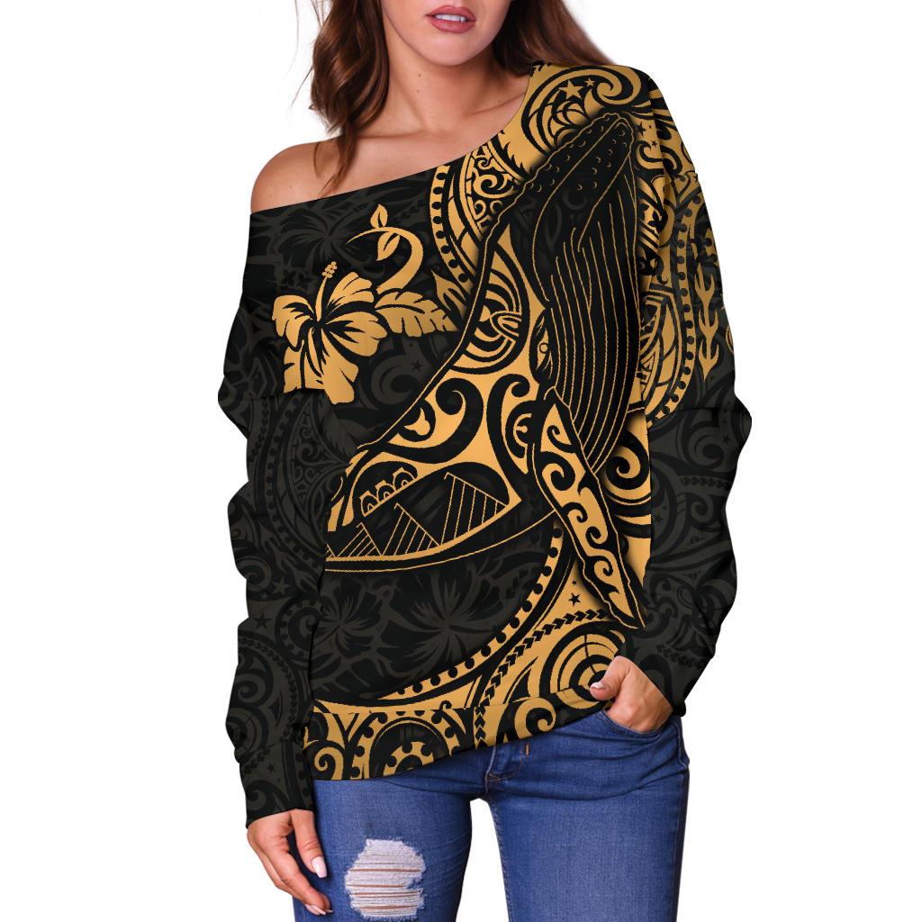 Polynesian Hawaii Off Shoulder Sweater - Polynesian Golden Humpback Whale - Polynesian Pride