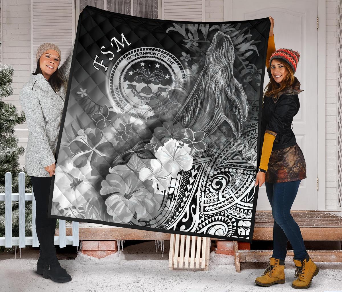 Federated States of Micronesia Premium Quilts - Humpback Whale with Tropical Flowers (White) - Polynesian Pride