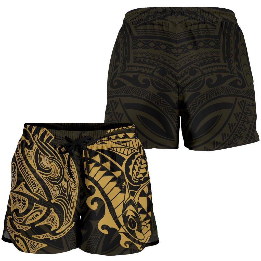 New Zealand All Over Print Women's Shorts, Maori Polynesian Tattoo Gold Women's Shorts Gold - Polynesian Pride