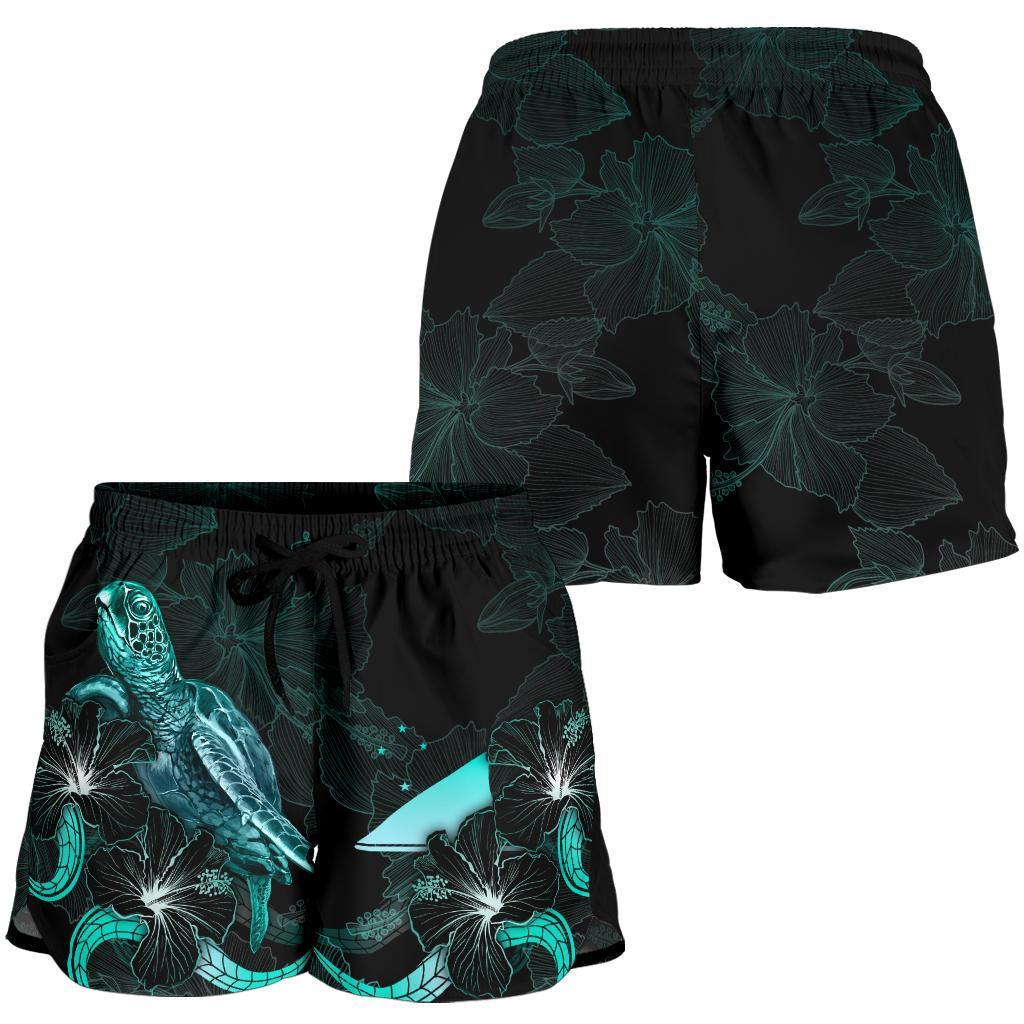 Tokelau Polynesian Women's Shorts - Turtle With Blooming Hibiscus Turquoise - Polynesian Pride