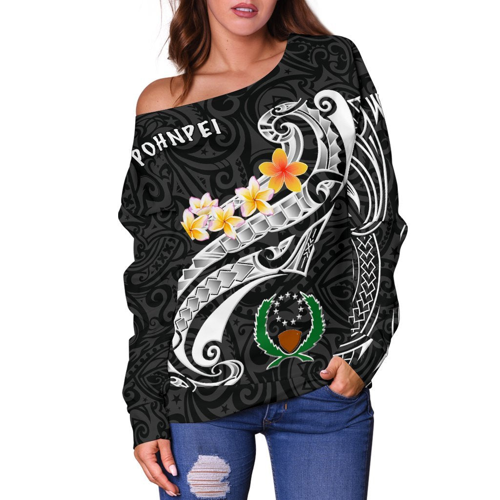 Pohnpei Women's Off Shoulder Sweater - Pohnpei Seal Polynesian Patterns Plumeria (Black) - Polynesian Pride