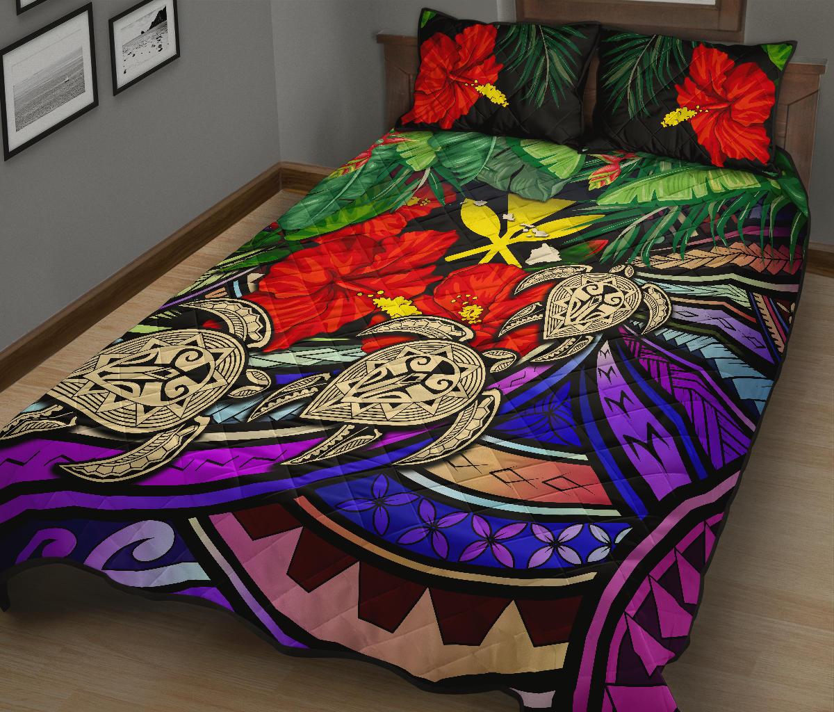 Kanaka Maoli (Hawaiian) Quilt Bed Set - Polynesian Turtle Colorful And Hibiscus - Polynesian Pride