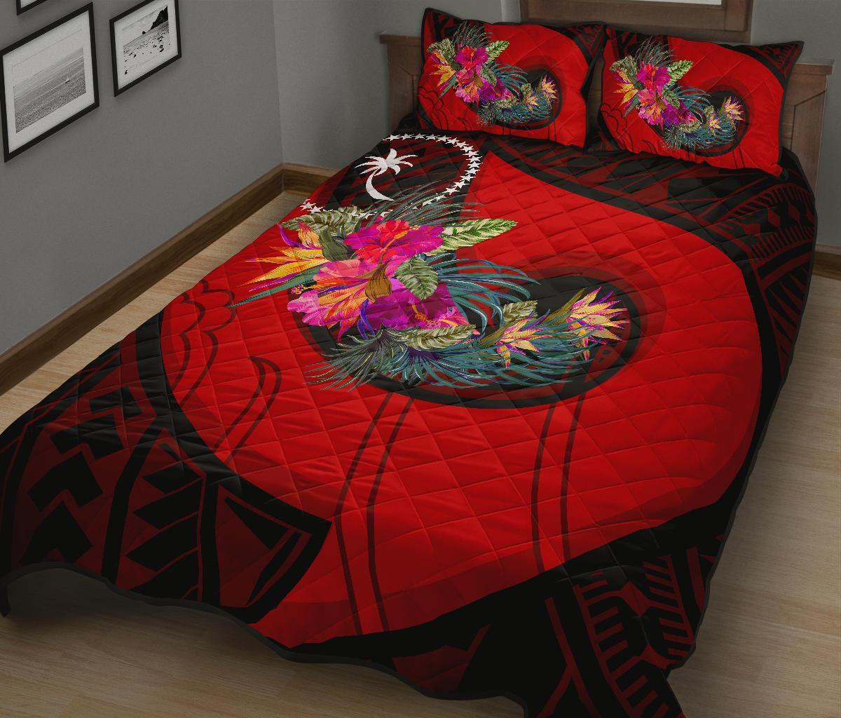 Chuuk Quilt Bed Set - Polynesian Hook And Hibiscus (Red) - Polynesian Pride