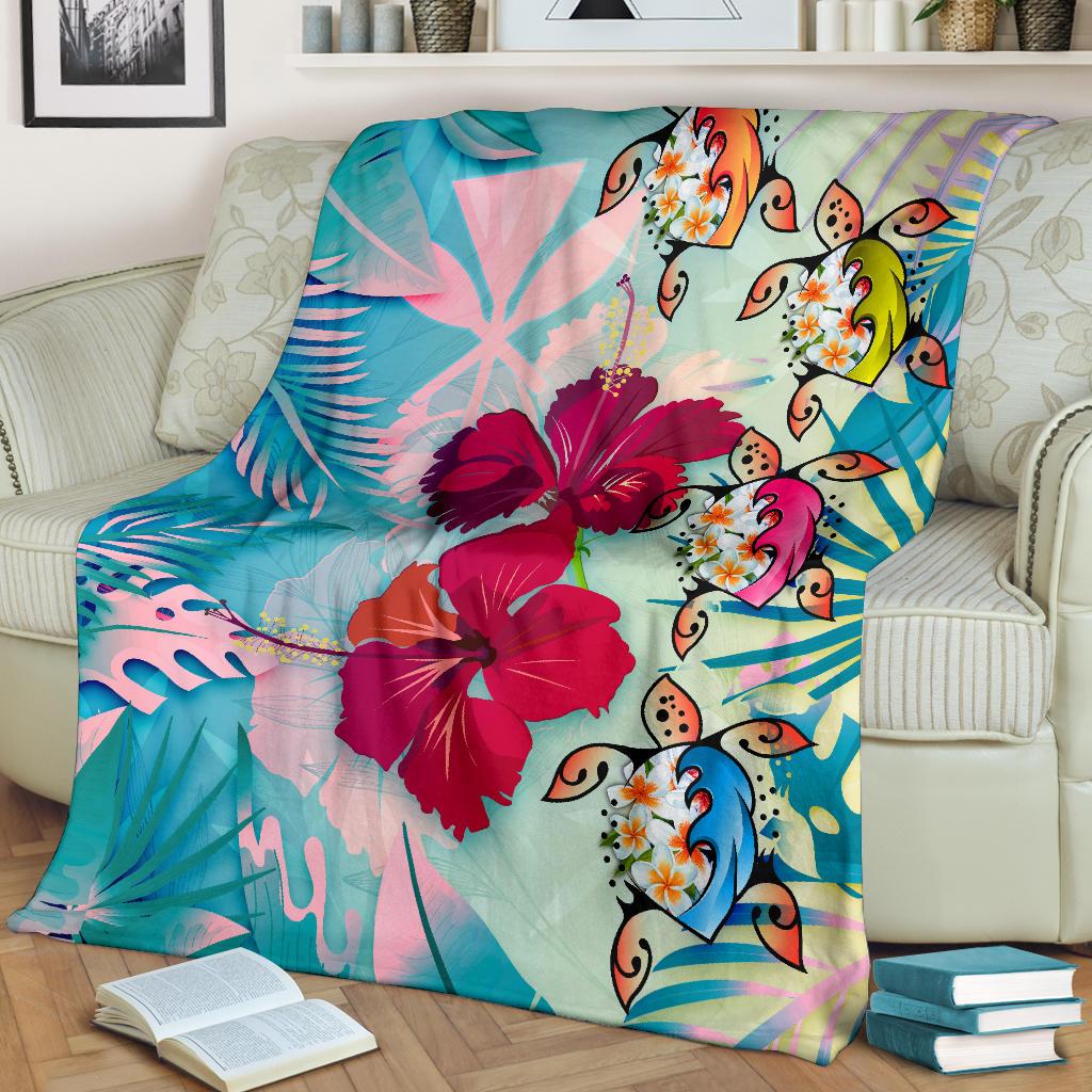 Polynesian Hawaii Premium Blanket - Plumeria Turtles with Hibiscus - Polynesian Pride