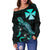 Wallis and Futuna Polynesian Women's Off Shoulder Sweater - Turtle With Blooming Hibiscus Turquoise - Polynesian Pride