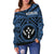 Kosrae Women's Off Shoulder Sweater - Kosrae Flag In Polynesian Tattoo Style (Blue) - Polynesian Pride