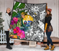 Nauru Premium Quilt White - Turtle Plumeria Banana Leaf Crest - Polynesian Pride