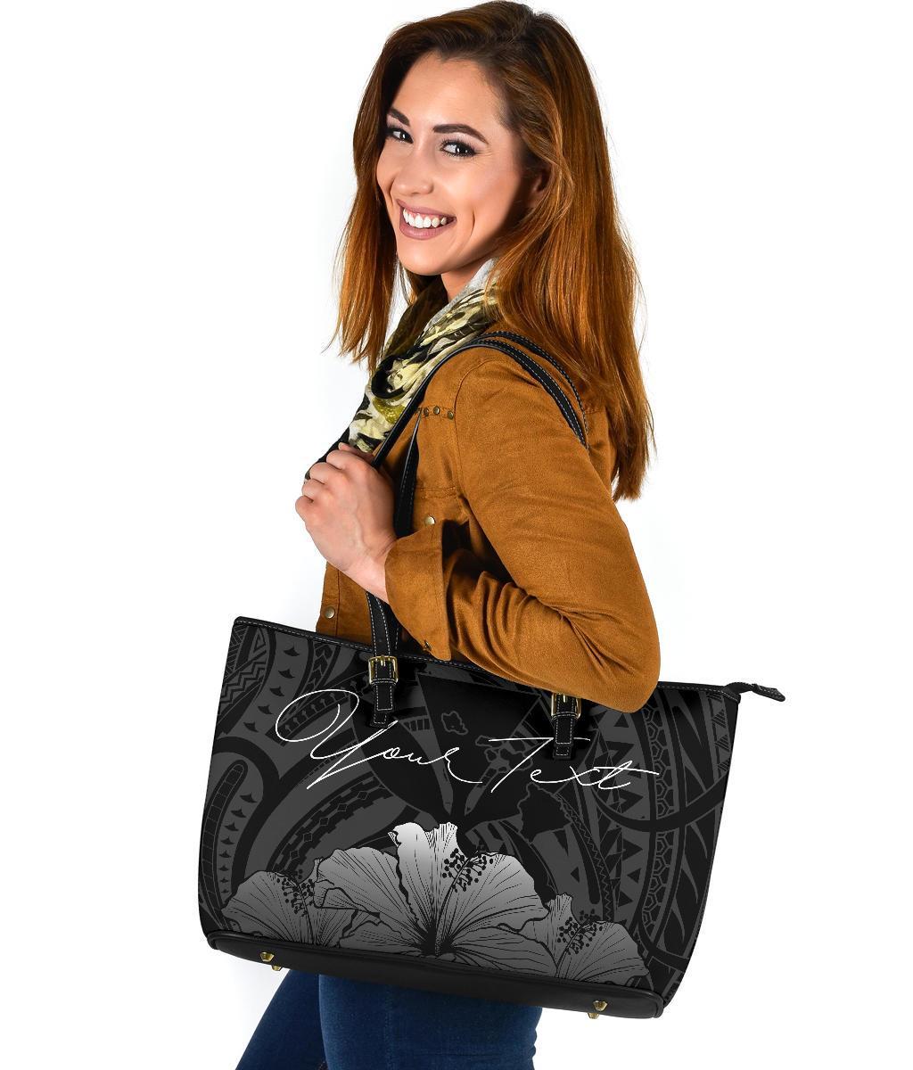 Personalised - Hawaii Royal Hibiscus Polynesian Tribal Large Leather Tote Bag Gray AH - Polynesian Pride
