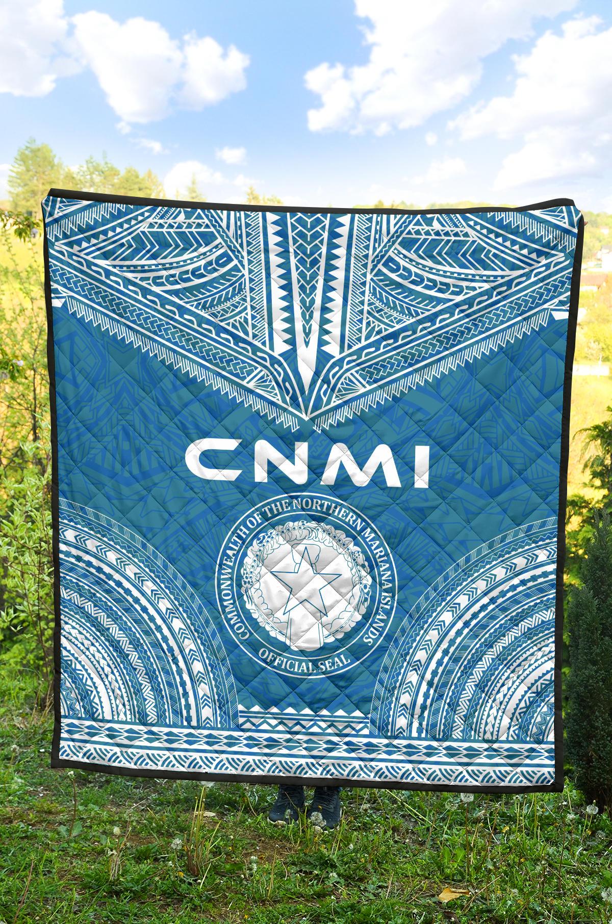 Northern Mariana Islands Premium Quilt - CNMI Seal Polynesian Chief Light Blue Version - Polynesian Pride