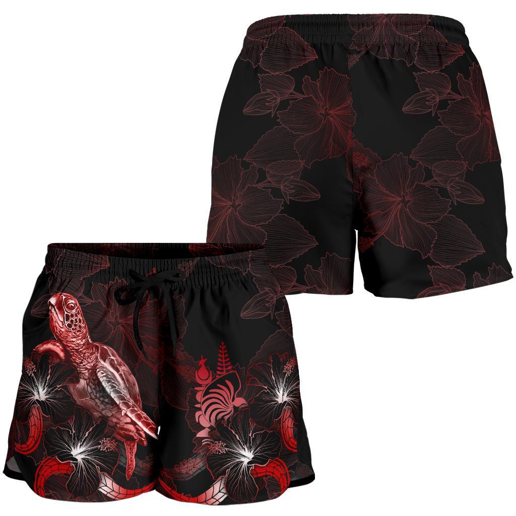 New Caledonia Polynesian Women's Shorts - Turtle With Blooming Hibiscus Red - Polynesian Pride