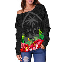 Guam Polynesian Women's Off Shoulder Sweater Black Hibiscus - Polynesian Pride