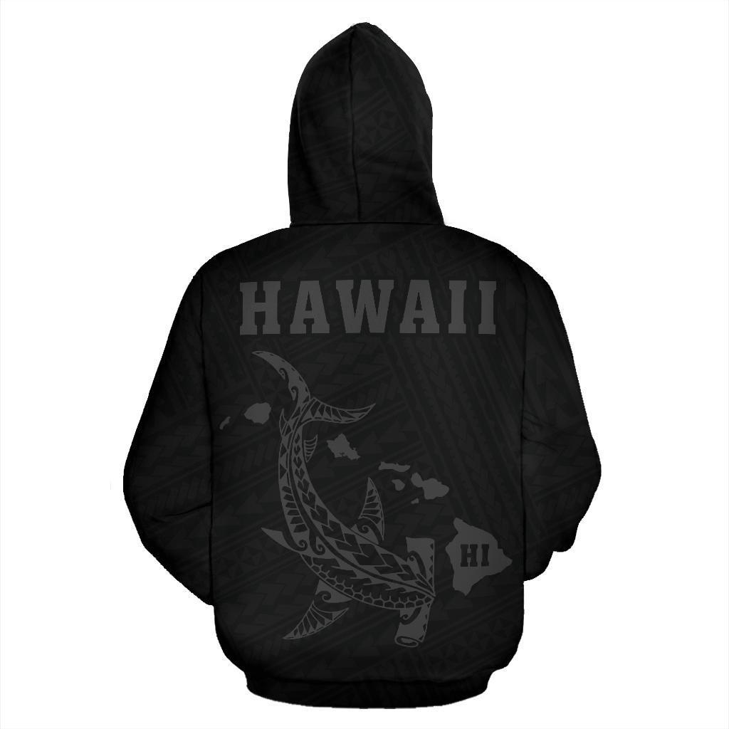 Polynesian Kakau Hammerhead Shark Map of Hawaii Zip Hoodie Grey - Polynesian Pride