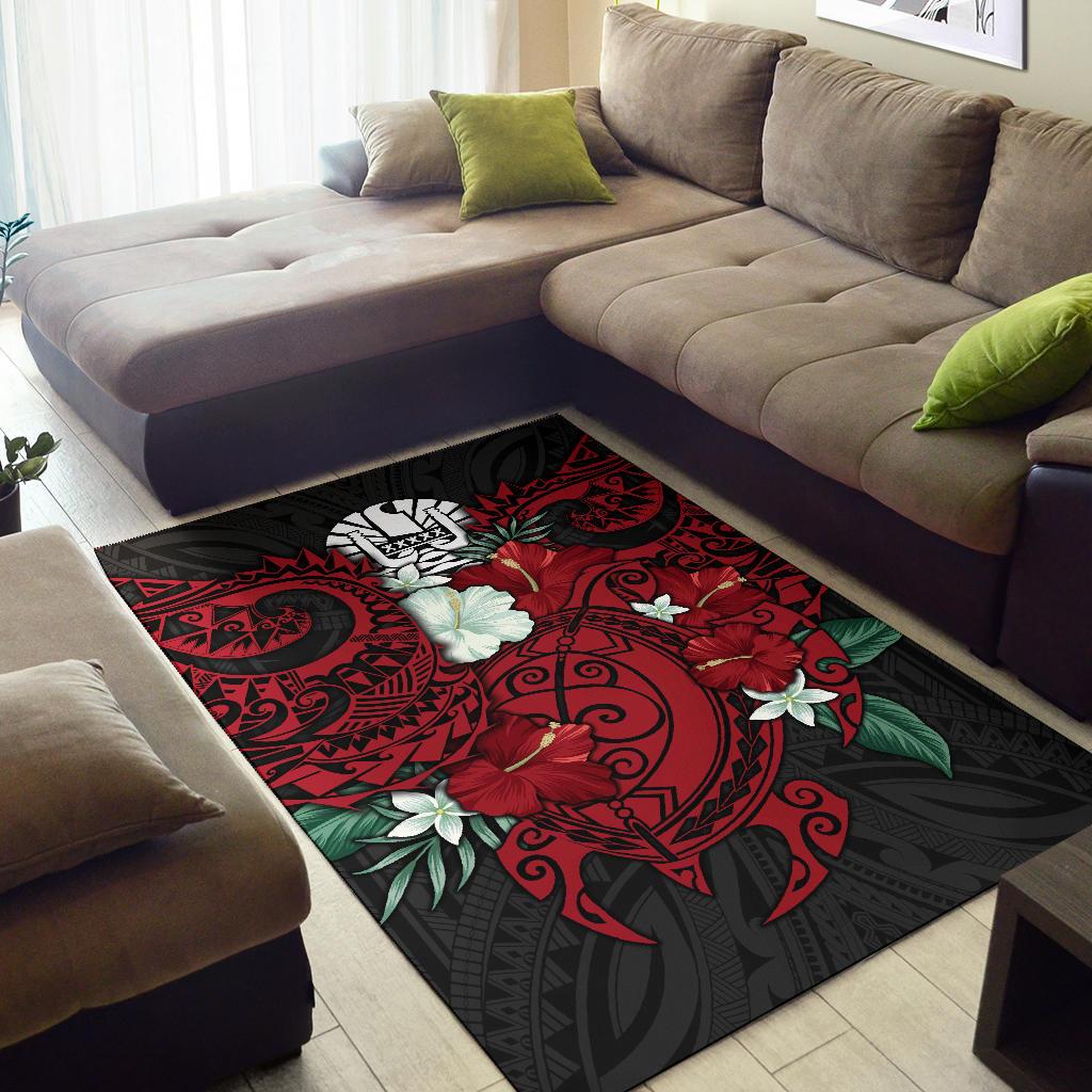 Tahiti Polynesian Area Rug - Hibiscus and Sea Turtle (Red) - Polynesian Pride