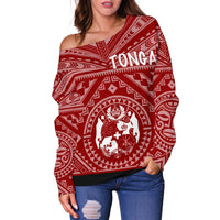 Tonga Women's Off Shoulder Sweater - Tonga Seal With Polynesian Tattoo Style (Red) - Polynesian Pride