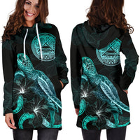 American Samoa Polynesian Hoodie Dress - Turtle With Blooming Hibiscus Turquoise - Polynesian Pride