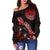 Tahiti Polynesian Women's Off Shoulder Sweater - Turtle With Blooming Hibiscus Red - Polynesian Pride