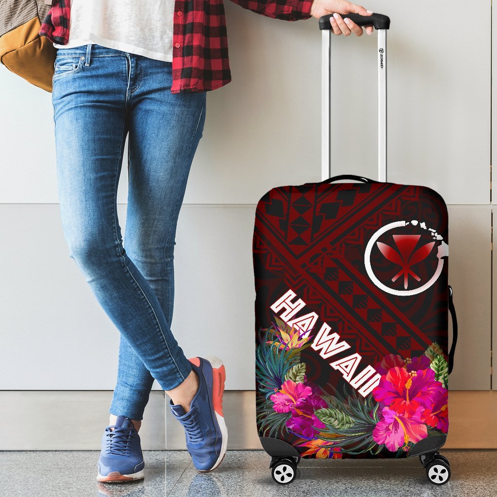 Hawaii Luggage Covers - Kanaka Maoli With Hibiscus On Polynesian Patterns (RED) Red - Polynesian Pride