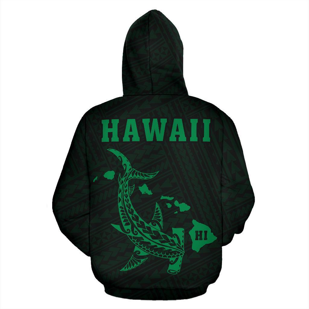 Polynesian Kakau Hammerhead Shark Map of Hawaii Zip Hoodie Green - Polynesian Pride