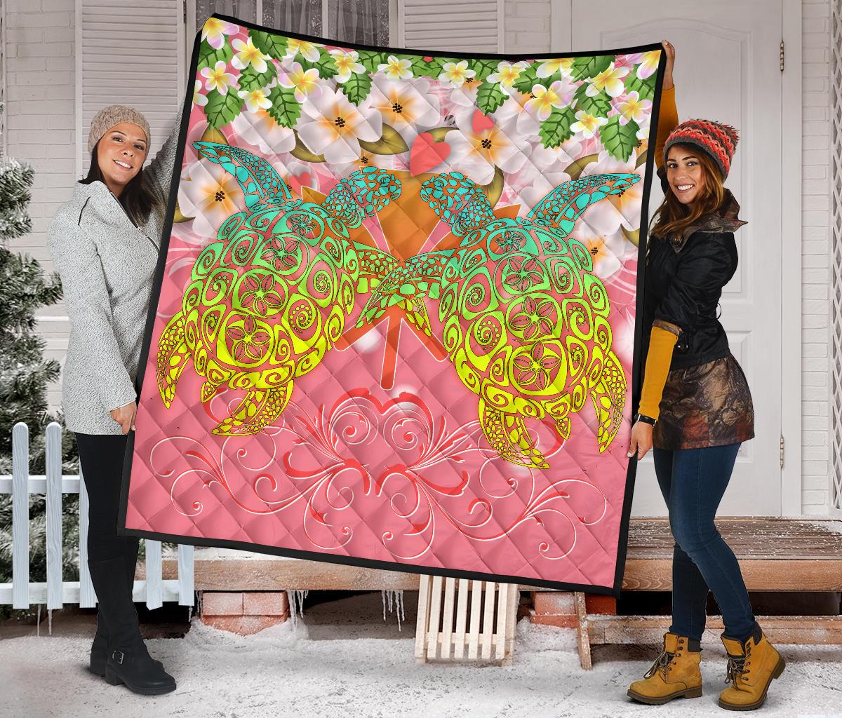 Hawaii Turtle Couple Plumeria Valentine Pattern Premium Quilt - Bond Style - AH - Polynesian Pride