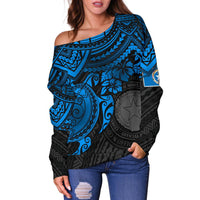 Northern Mariana Islands Polynesian Women's Off Shoulder Sweater - Blue Turtle - Polynesian Pride