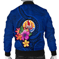 Tahiti Polynesian Men's Bomber Jacket - Floral With Seal Blue - Polynesian Pride