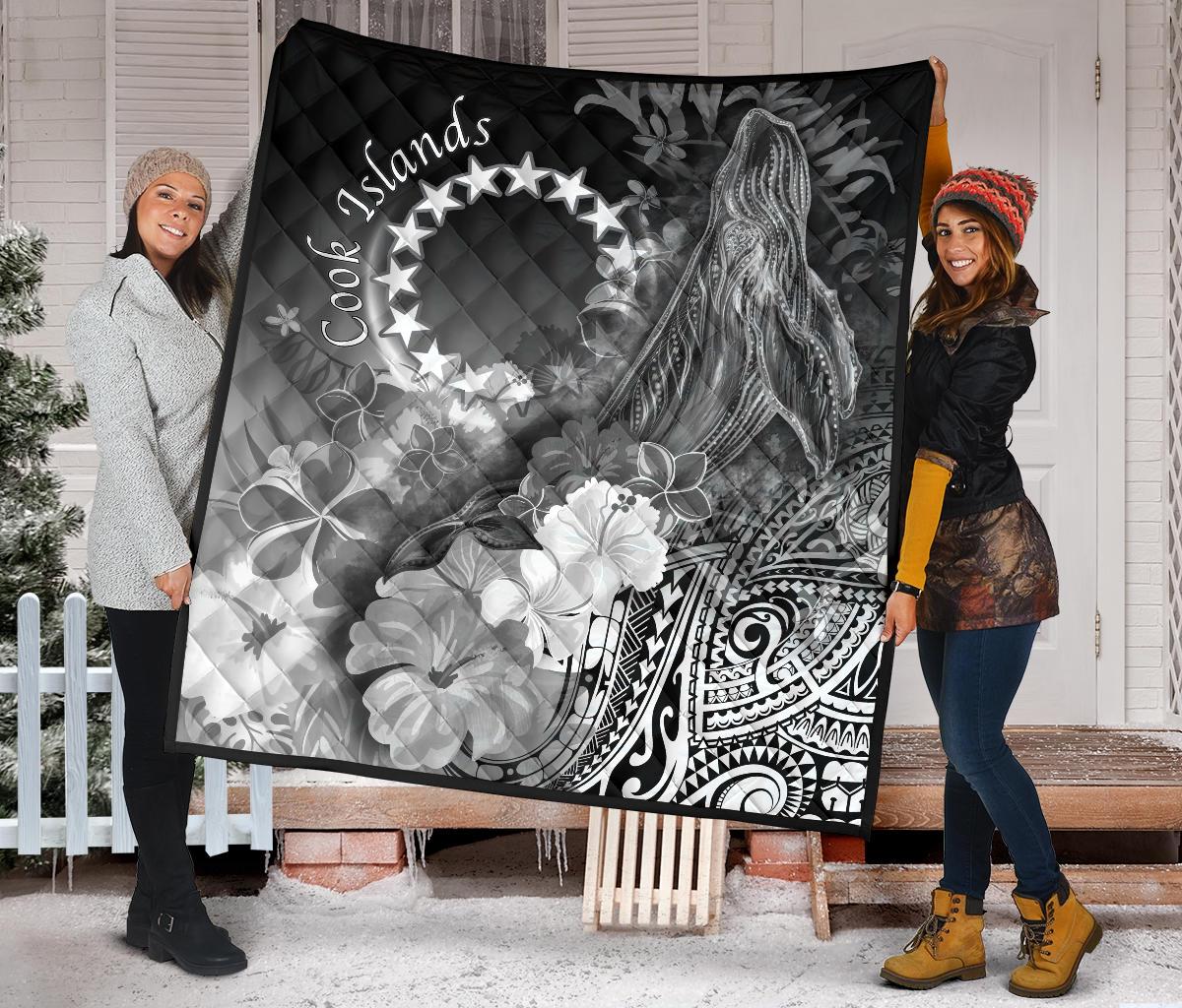 Cook Islands Premium Quilt - Humpback Whale with Tropical Flowers (White) - Polynesian Pride