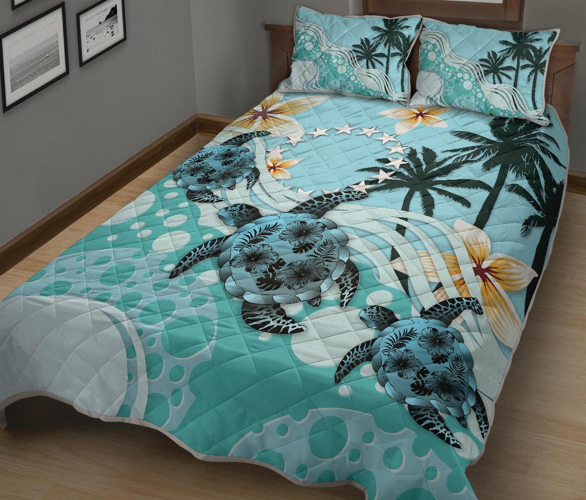 Cook Islands Quilt Bed Set - Blue Turtle Hibiscus - Polynesian Pride