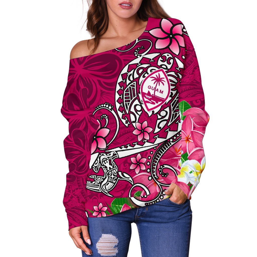 Guam Women's Off Shoulder Sweater - Turtle Plumeria (Pink) Pink - Polynesian Pride