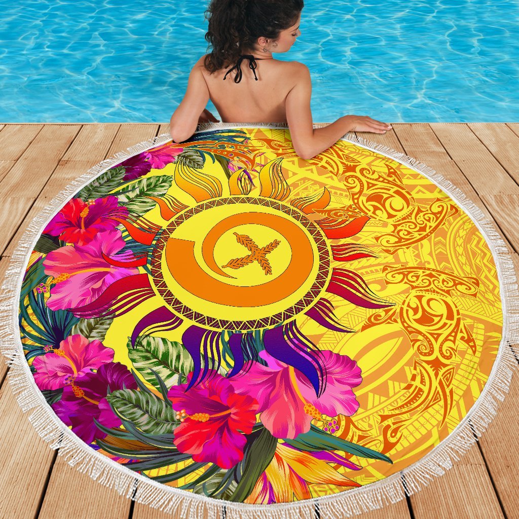 Polynesian Beach Blankets - Vanuatu Symbols With Hibiscus One Style One Size Yellow - Polynesian Pride