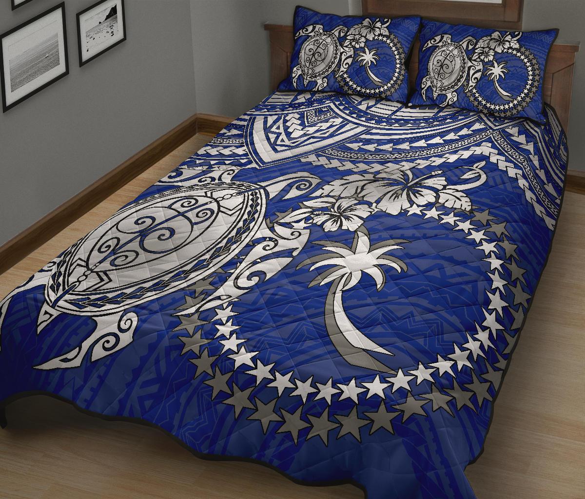 Chuuk Polynesian Quilt Bed Set - Chuuk Flag & White Turtle Blue Version - Polynesian Pride