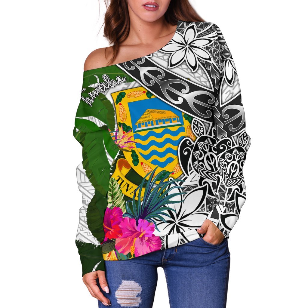 Tuvalu Women's Off Shoulder Sweater White - Turtle Plumeria Banana Leaf - Polynesian Pride