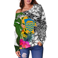 Tuvalu Women's Off Shoulder Sweater White - Turtle Plumeria Banana Leaf - Polynesian Pride