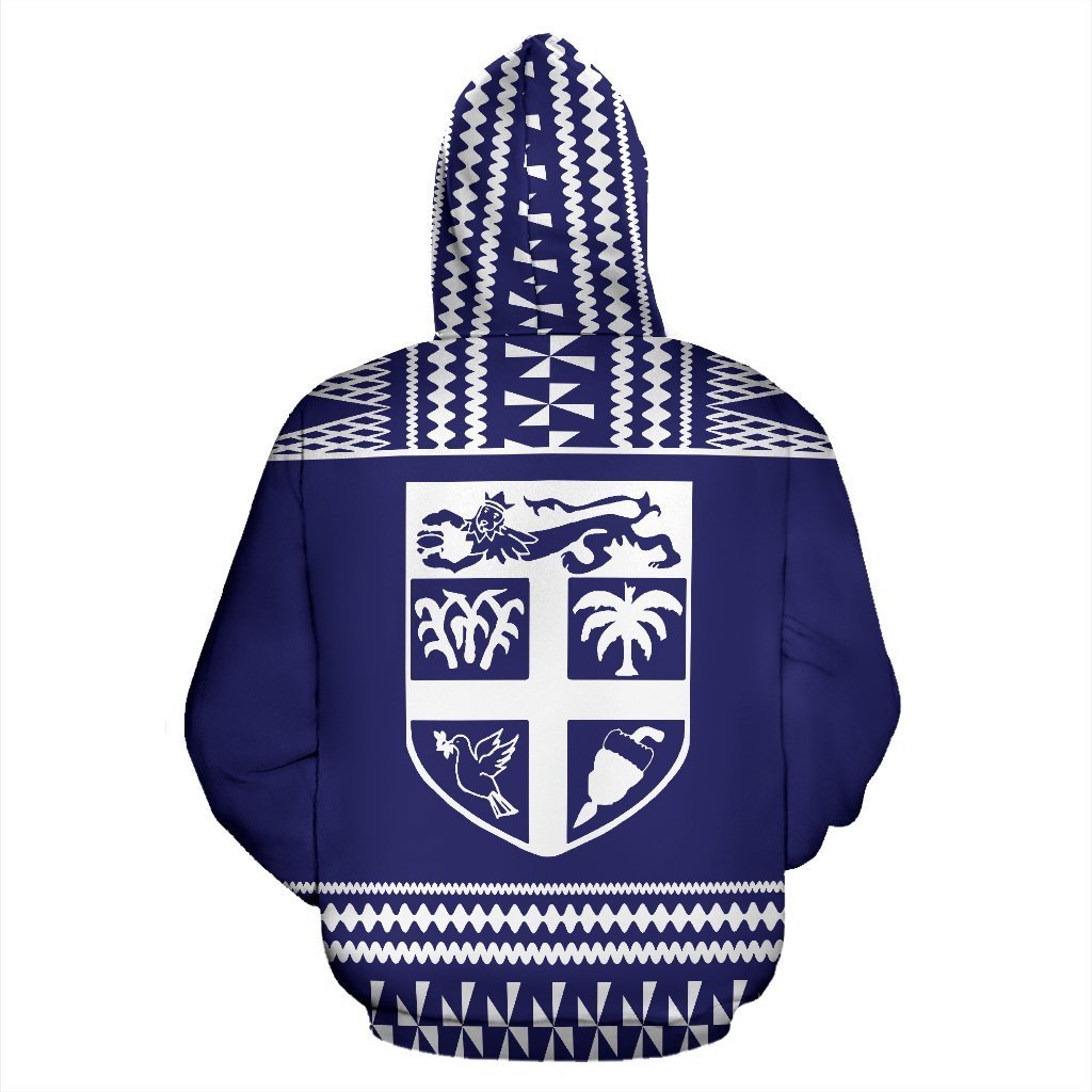 Fiji Tapa All Over Zip up Hoodie Blue and White Version - Polynesian Pride