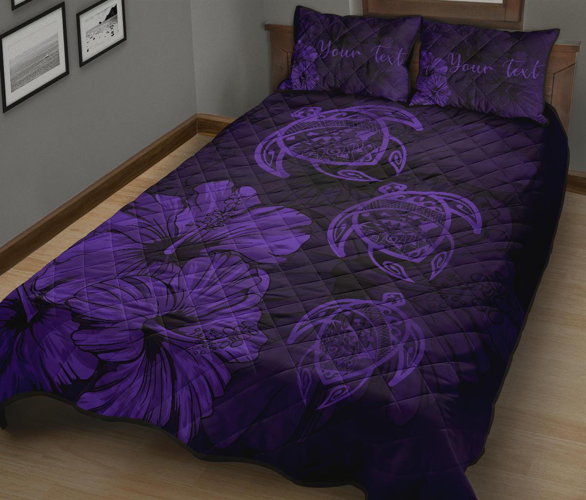 Personalized - Hawaii Map Turtles Hibiscus Quilt Bed Set - Purple - Polynesian Pride