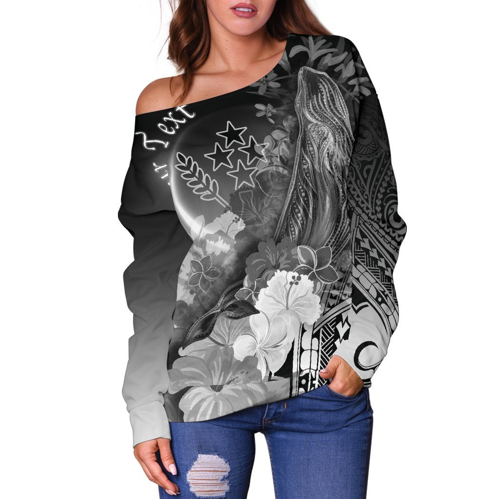 Kosrae Custom Personalised Women's Off Shoulder Sweaters - Humpback Whale with Tropical Flowers (White) - Polynesian Pride