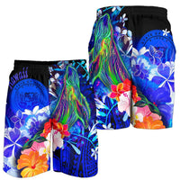 Polynesian Hawaii Men's Shorts - Humpback Whale with Tropical Flowers (Blue) - Polynesian Pride