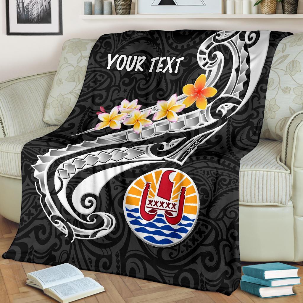 Tahiti Custom Personalised Premium Blanket - Tahiti Seal Polynesian Patterns Plumeria (Black) White - Polynesian Pride