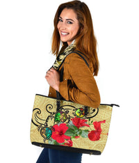 Hawaiian Marble Turtles Hibiscus Leather Tote Bag Large AH - Polynesian Pride