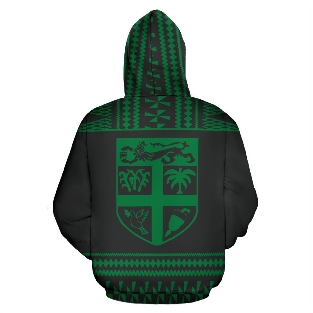 Fiji Tapa All Over Zip up Hoodie Green and Black Version - Polynesian Pride