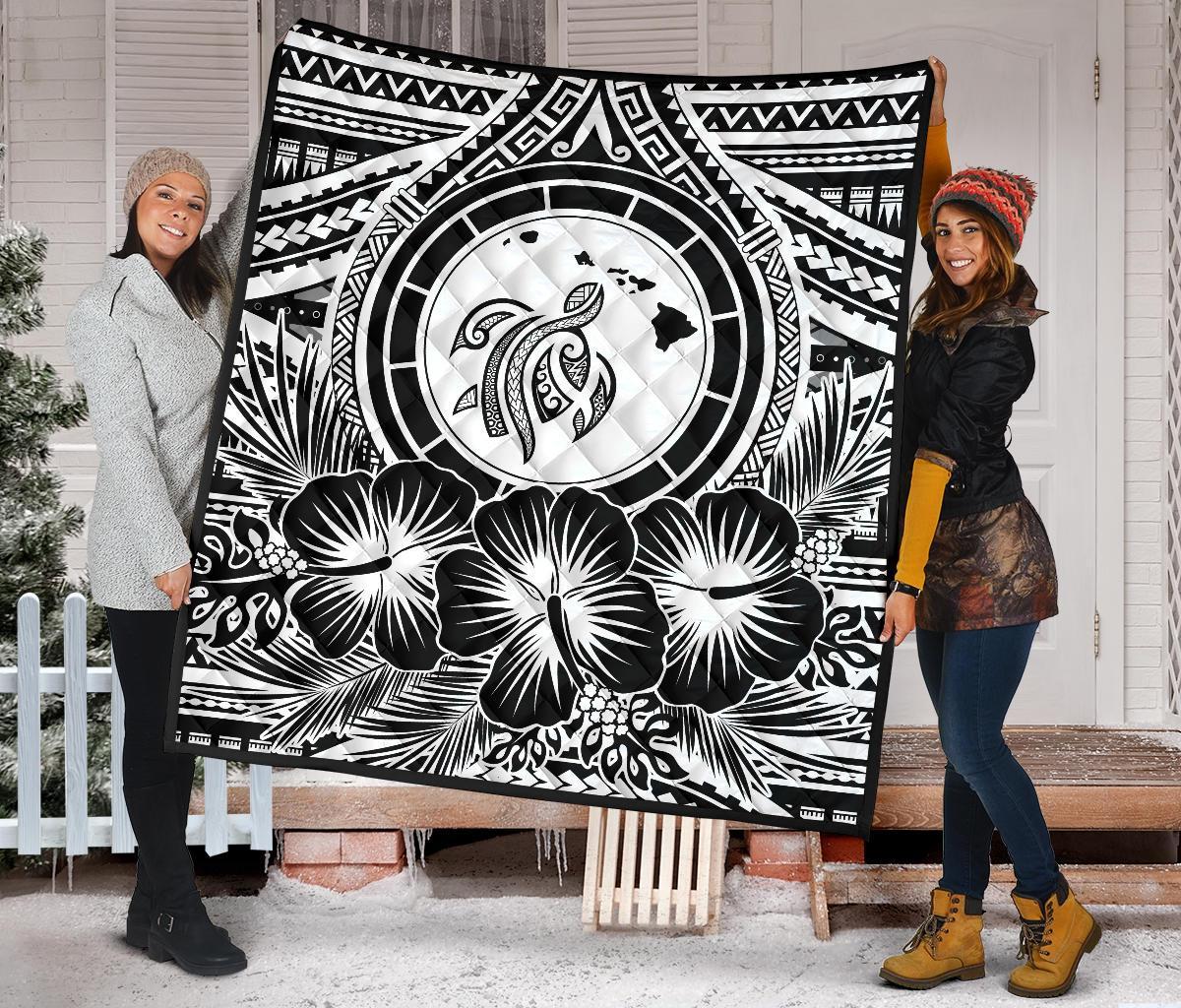 Hawaii Premium Quilt - Hawaii Map Honu Hibiscus White Polynesian Premium Quilt - Polynesian Pride