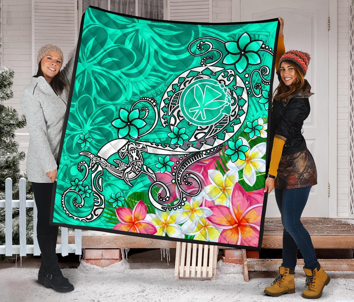 Hawaii Premium Quilt - Turtle Plumeria Polynesian Tattoo Turquoise Color - Polynesian Pride
