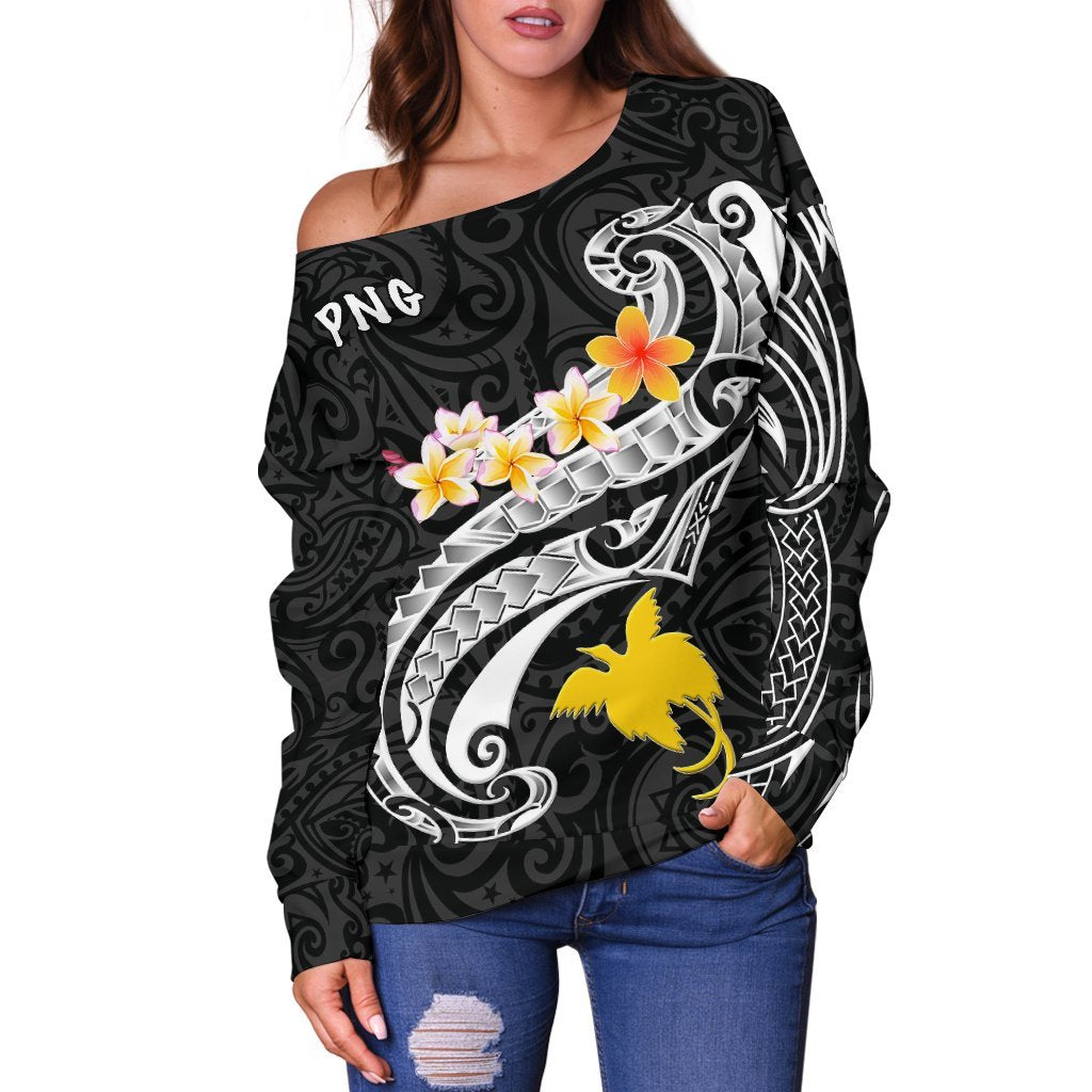 Papua New Guinea Women's Off Shoulder Sweater - PNG Seal Polynesian Patterns Plumeria (Black) - Polynesian Pride