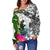 Kosrae Women's Off Shoulder Sweater White - Turtle Plumeria Banana Leaf - Polynesian Pride