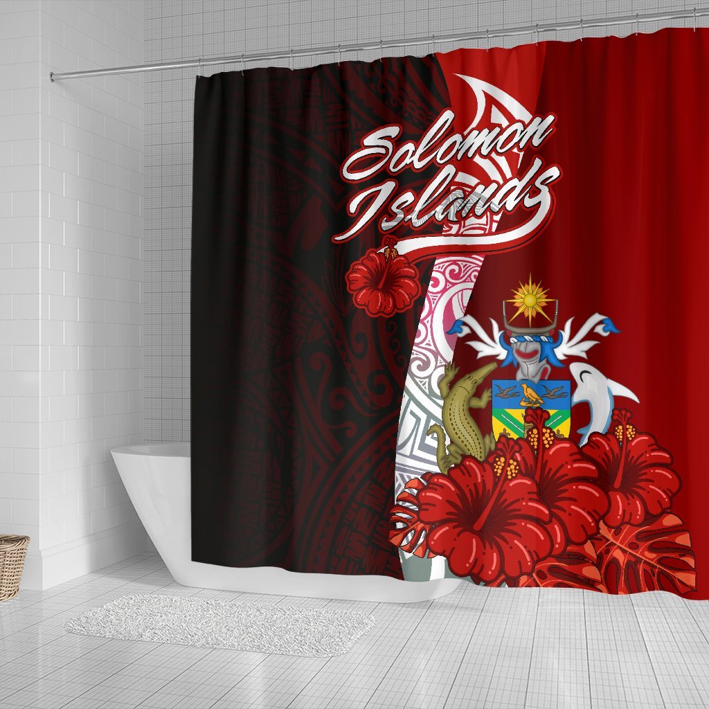 Solomon Islands Polynesian Shower Curtain - Coat Of Arm With Hibiscus - Polynesian Pride